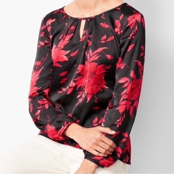 TALBOTS Black Red Floral Long Sleeve Blouse - size MEDIUM - Picture 1 of 5